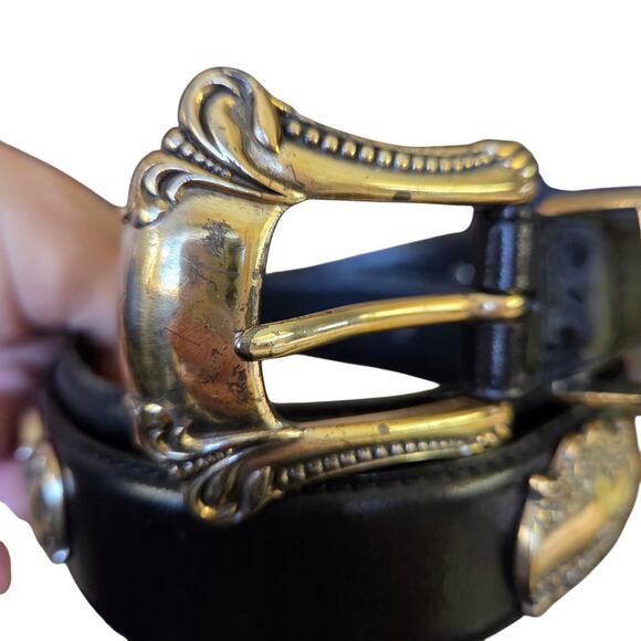 Vtg Fossil Black Silver Leather Southwest Western Cowgirl Rodeo Belt S EUC - Picture 2 of 8
